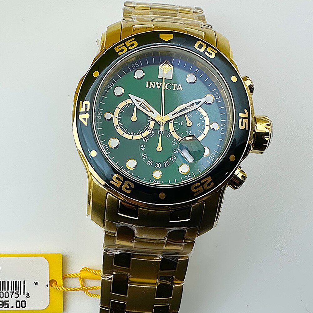 Invicta Men's 48mm PRO DIVER Scuba Chronograph Green Dial 18K Gold Plated Watch - Picture 7 of 8